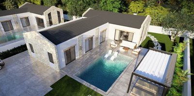 A Custom-Build Fethiye Property For Sale - Main view of the bungalow, private pool, landscaped exterior and private parking